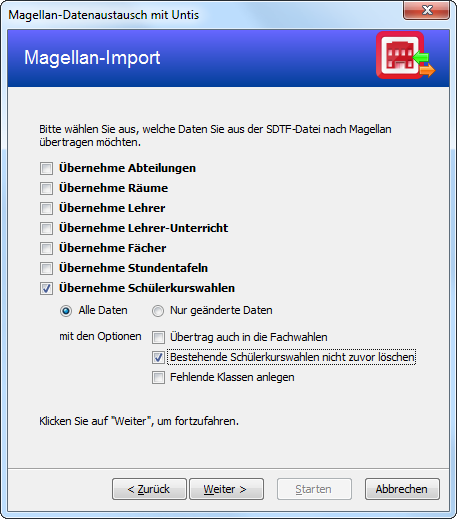 Datenimport nach MAGELLAN mit der Zusatzoption „Bestehende Schülerkurswahlen zuvor nicht löschen“.
Import mit „Fehlende Klasse anlegen“
