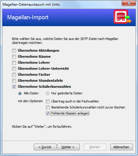 Datenimport nach MAGELLAN mit der Zusatzoption „Fehlende Klassen anlegen“.