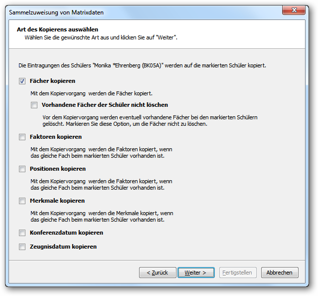 Dialogfenster zur Sammelzuweisung von Matrixdaten