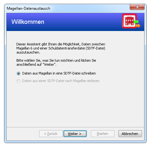  Hier sehen Sie die erste Seite des Assistenten "MAGELLAN-Datenaustausch".