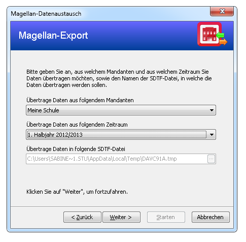  Hier legen Sie den Mandanten und den Zeitraum für den Datenübertrag fest.