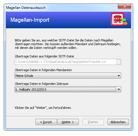  Hier wählen Sie den Mandanten und den Zeitraum aus, in den die Daten übertragen werden.
