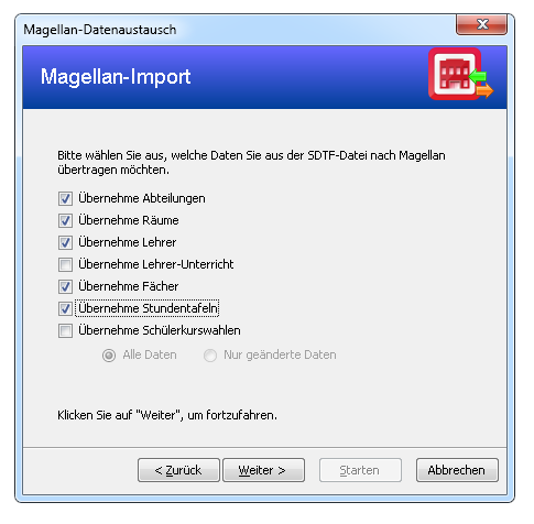 Hier wählen Sie die Daten aus, die nach MAGELLAN übertragen werden.