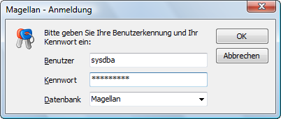 Nach der Registrierung weiterer Datenbankverbindungen können Sie diese bei der MAGELLAN-Anmeldung unter „Datenbank“ auswählen.