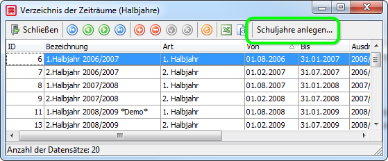 Schaltfläche zum Anlegen eines neuen Schuljahres
