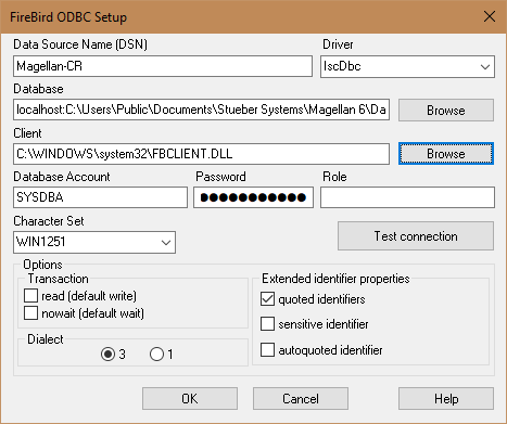 Das Dialogfenster „FirebirdODBC Setup“