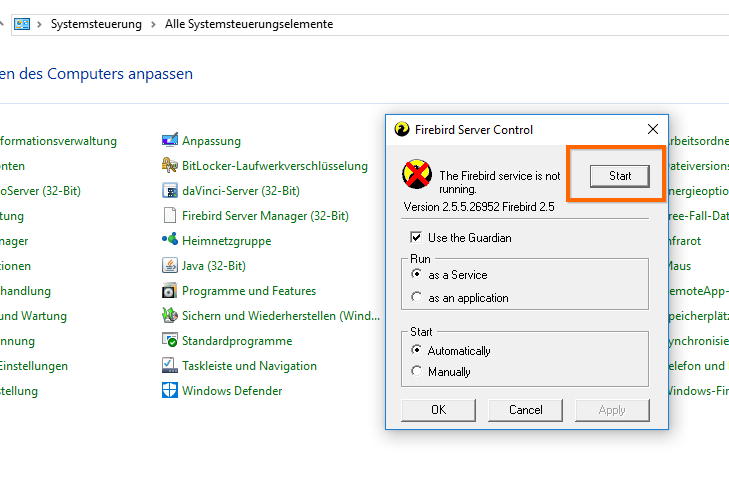 Firebird-Dienst über das Firebird-Control in der Systemsteuerung stoppen