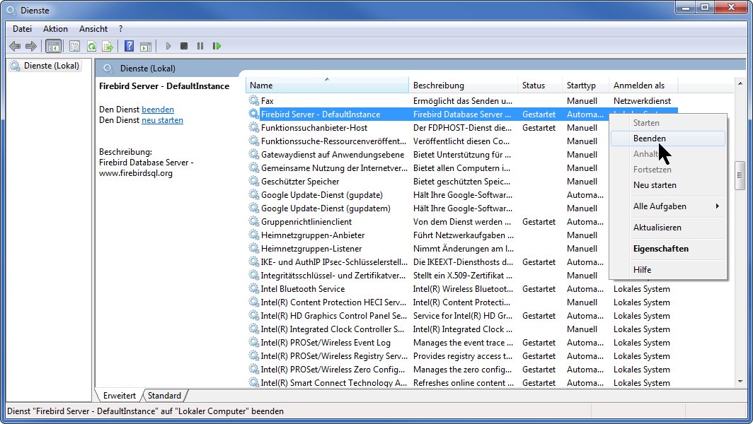 Firebird-Server-Dienst stoppen