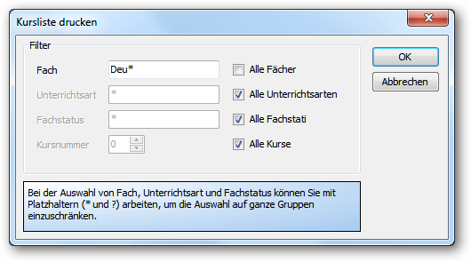 Stellen Sie hier die gewünschten Filter ein. Klicken Sie dann auf OK und wählen Sie den gewünschten Bericht zum Druck aus.