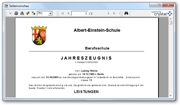 Zeugnis in der Seitenvorschau