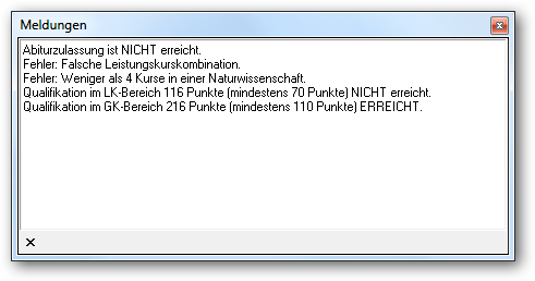 Meldungsfenster mit Fehlermeldungen zur Abiturzulassung