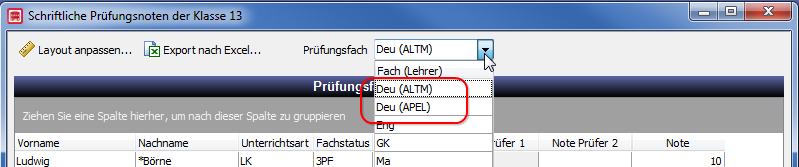 Auswahl des Faches