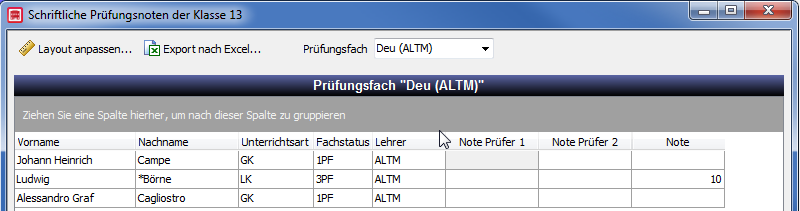 Eingabeliste für die schriftlichen Prüfungsnoten