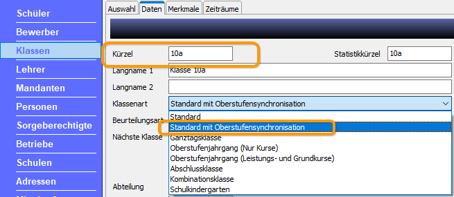 Klassenart für die Fachwahl