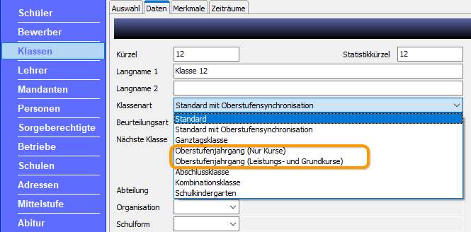 Klassenart für die Oberstufenberechnungen