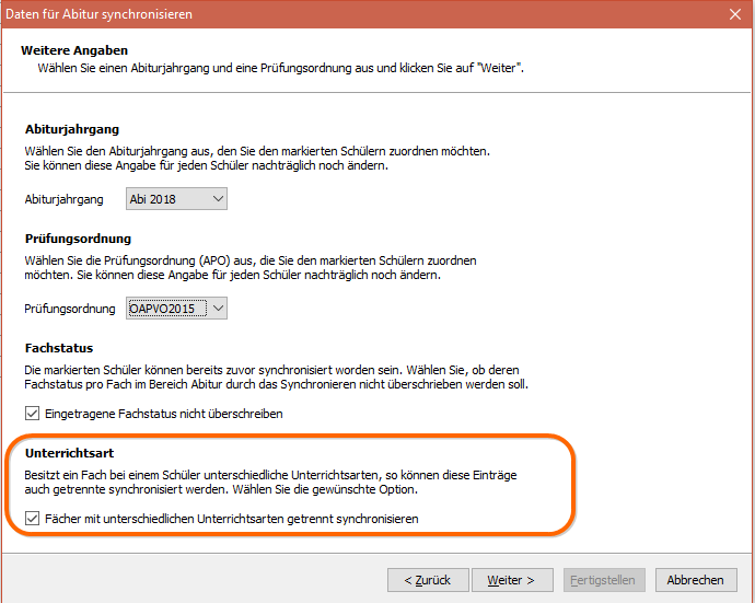 Option "Fächer mit unterschiedlichen Unterrichtsarten getrennt synchronisieren"