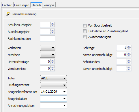 Zuordnung des Tutors auf der Registerkarte „Zeugnis|Details“ des Schülers.