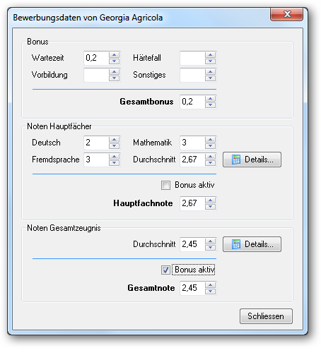Geben Sie hier die einzelnen Bonusangaben bzw. Noten ein