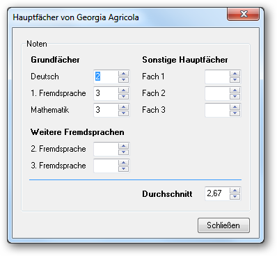 Geben Sie hier die einzelnen Noten der Hauptfächer ein