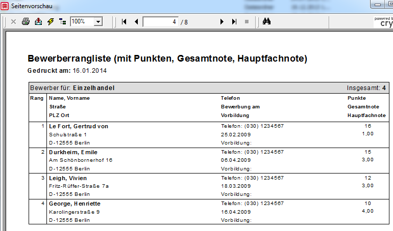 Beispiel eines Berichts für eine Bewerberrangliste