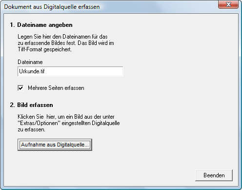 Hier können Sie ein Dokument aus einer Digitalquelle erfassen