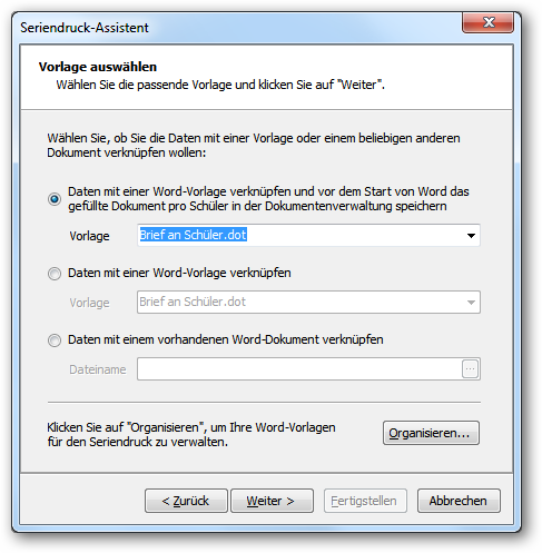 Seriendruck-Assistent „Vorlage auswählen“