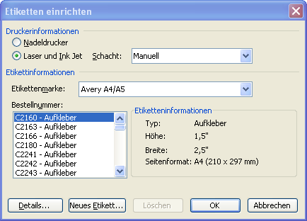 Dialog „Etitektten einrichten“