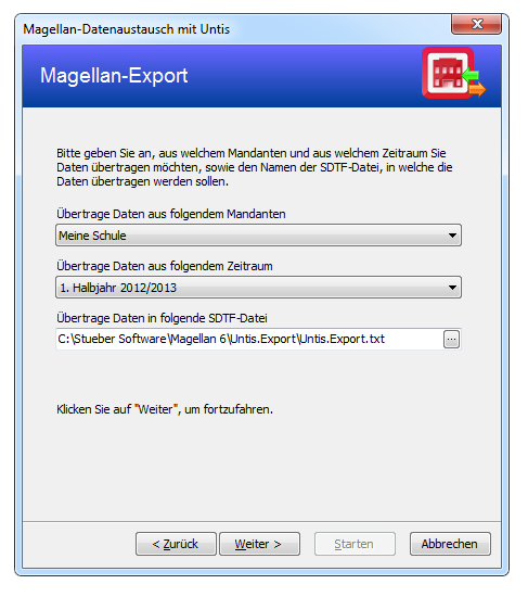 Geben Sie den Mandaten und Das Halbjahr für den Export an.