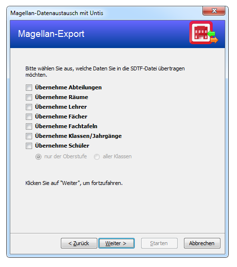 Wählen Sie hier was Sie exportieren wollen