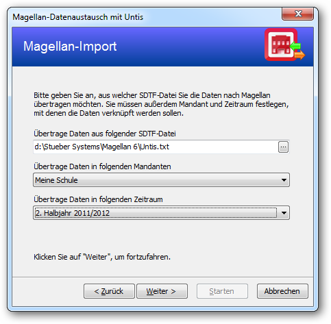 Geben Sie hier die Importdatei, den Mandanten in MAGELLAN und den Zeitraum an, in welchen die Daten importiert werden sollen