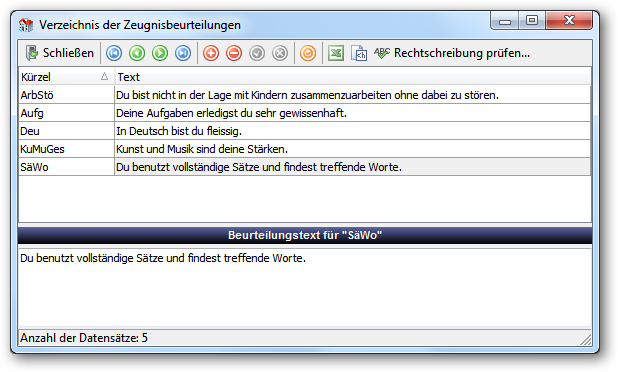 Dies ist das Verzeichnis der Zeugnisbeurteilungen