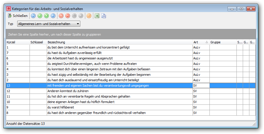 Filterung der Kategorien nach dem Allgemeinen Lern- und Sozialverhalten