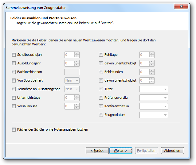 Hier können alle Felder und deren Werte auswählen, die in der Sammelzuweisung allen markierten Schülern zugeordnet werden.