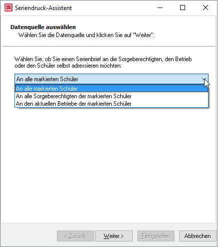 Wählen Sie die aus welche Daten nach Word übergeben werden sollen