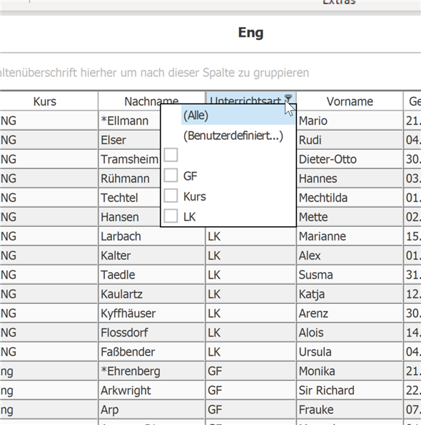 Die Liste nach der Unterrichtsart GK filtern