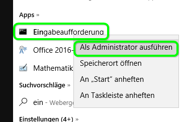 Eingabeaufforderung per Rechtsklick mit administrativen Rechten starten!