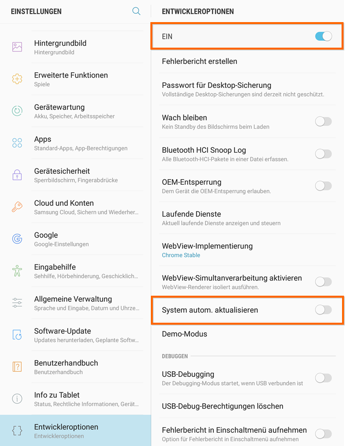 Entwickleroptionen