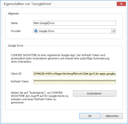 Dialog zum Hinzufügen eines Google Drive-Speichers