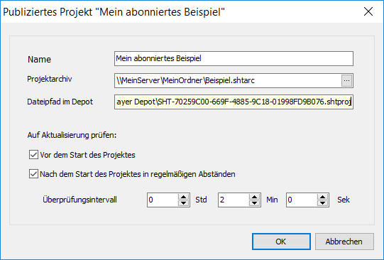 Eigenschaften eines abonnierten Projekts