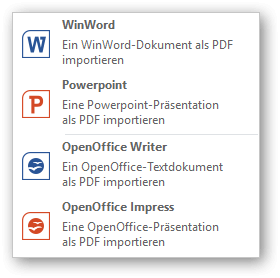 Screenshot: Importmenü für Office-Dokumente