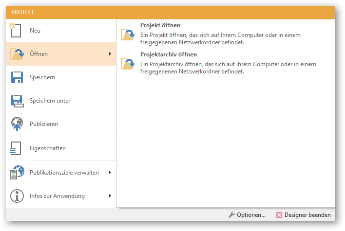 Screenshot: Menü zum Öffnen von Projekten